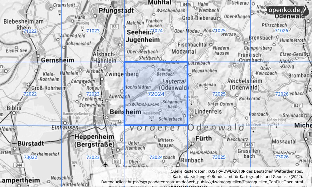 Übersichtskarte KOSTRA-DWD-2010R Rasterfeld Nr. 72024 mit angrenzenden Feldern