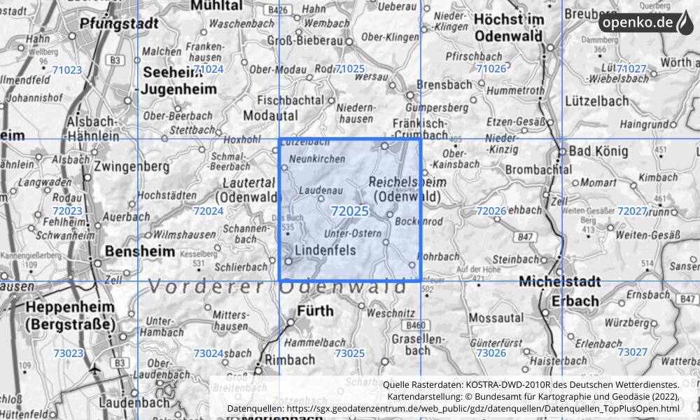 Übersichtskarte KOSTRA-DWD-2010R Rasterfeld Nr. 72025 mit angrenzenden Feldern