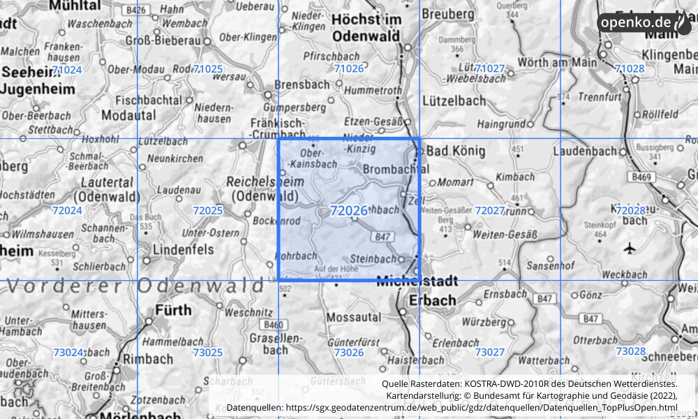 Übersichtskarte KOSTRA-DWD-2010R Rasterfeld Nr. 72026 mit angrenzenden Feldern