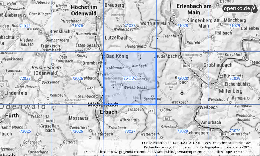 Übersichtskarte KOSTRA-DWD-2010R Rasterfeld Nr. 72027 mit angrenzenden Feldern