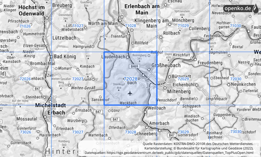 Übersichtskarte KOSTRA-DWD-2010R Rasterfeld Nr. 72028 mit angrenzenden Feldern