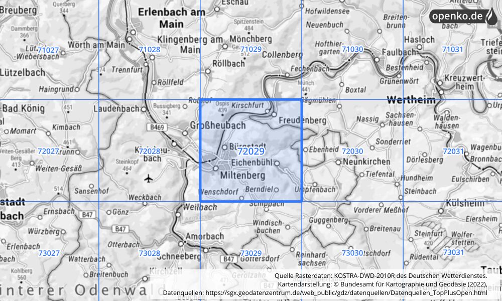 Übersichtskarte KOSTRA-DWD-2010R Rasterfeld Nr. 72029 mit angrenzenden Feldern