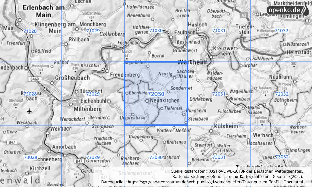 Übersichtskarte KOSTRA-DWD-2010R Rasterfeld Nr. 72030 mit angrenzenden Feldern