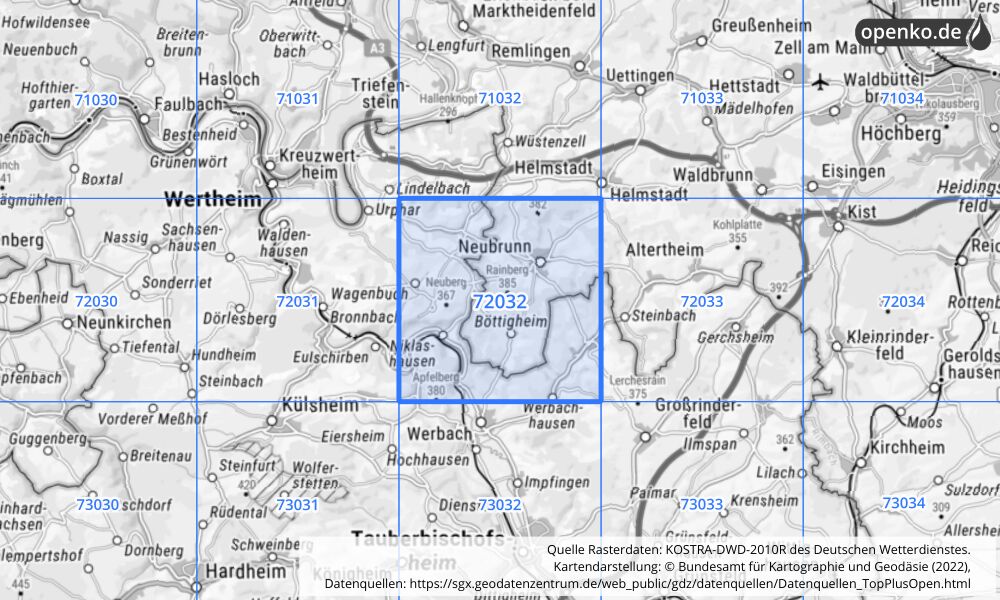 Übersichtskarte KOSTRA-DWD-2010R Rasterfeld Nr. 72032 mit angrenzenden Feldern