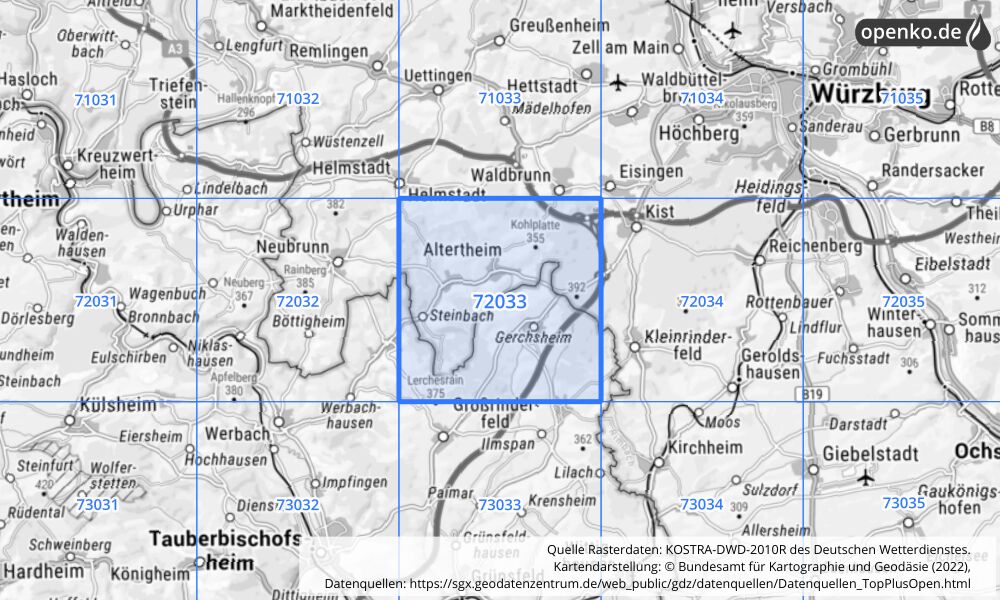 Übersichtskarte KOSTRA-DWD-2010R Rasterfeld Nr. 72033 mit angrenzenden Feldern