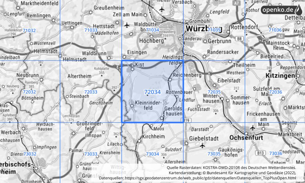 Übersichtskarte KOSTRA-DWD-2010R Rasterfeld Nr. 72034 mit angrenzenden Feldern