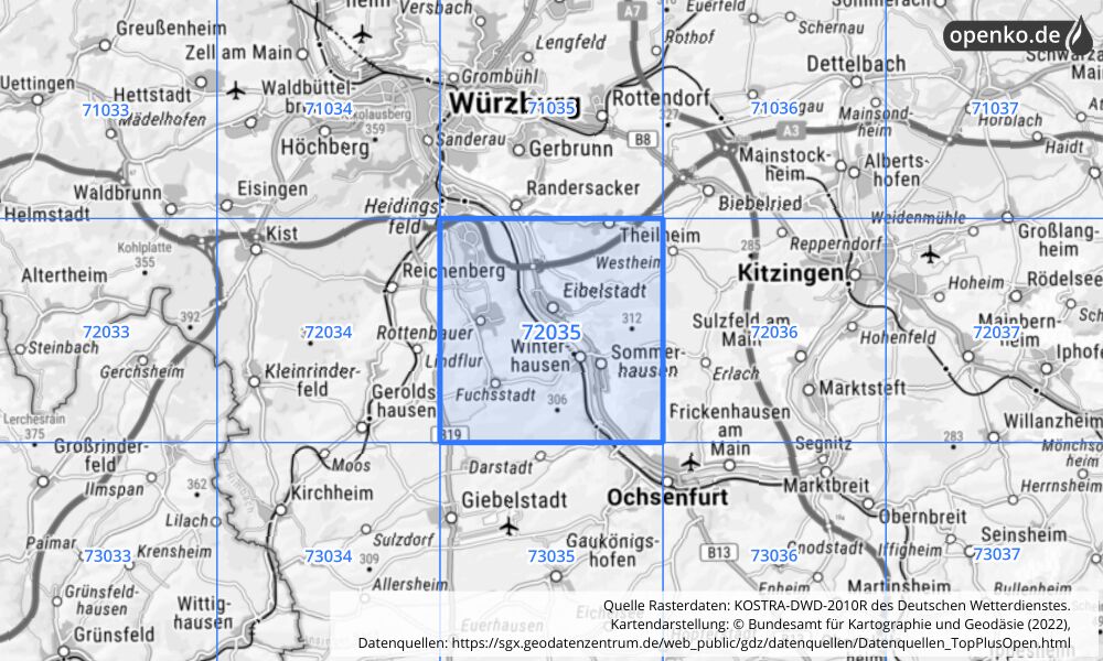 Übersichtskarte KOSTRA-DWD-2010R Rasterfeld Nr. 72035 mit angrenzenden Feldern