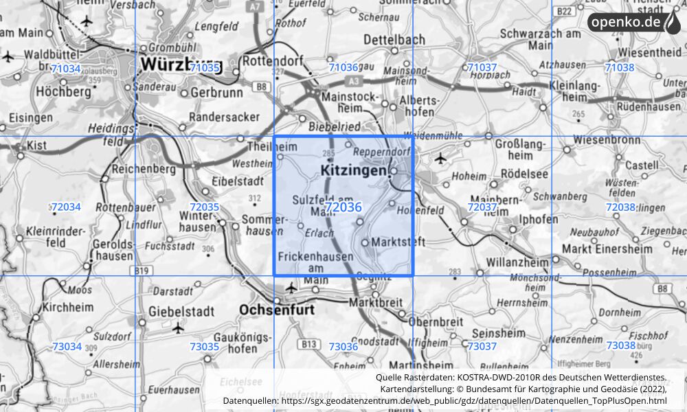 Übersichtskarte KOSTRA-DWD-2010R Rasterfeld Nr. 72036 mit angrenzenden Feldern