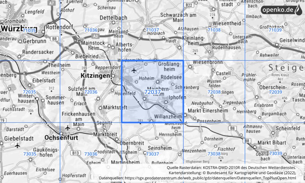 Übersichtskarte KOSTRA-DWD-2010R Rasterfeld Nr. 72037 mit angrenzenden Feldern