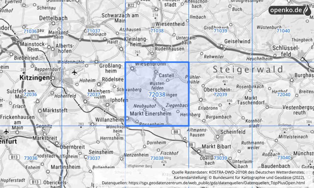 Übersichtskarte KOSTRA-DWD-2010R Rasterfeld Nr. 72038 mit angrenzenden Feldern