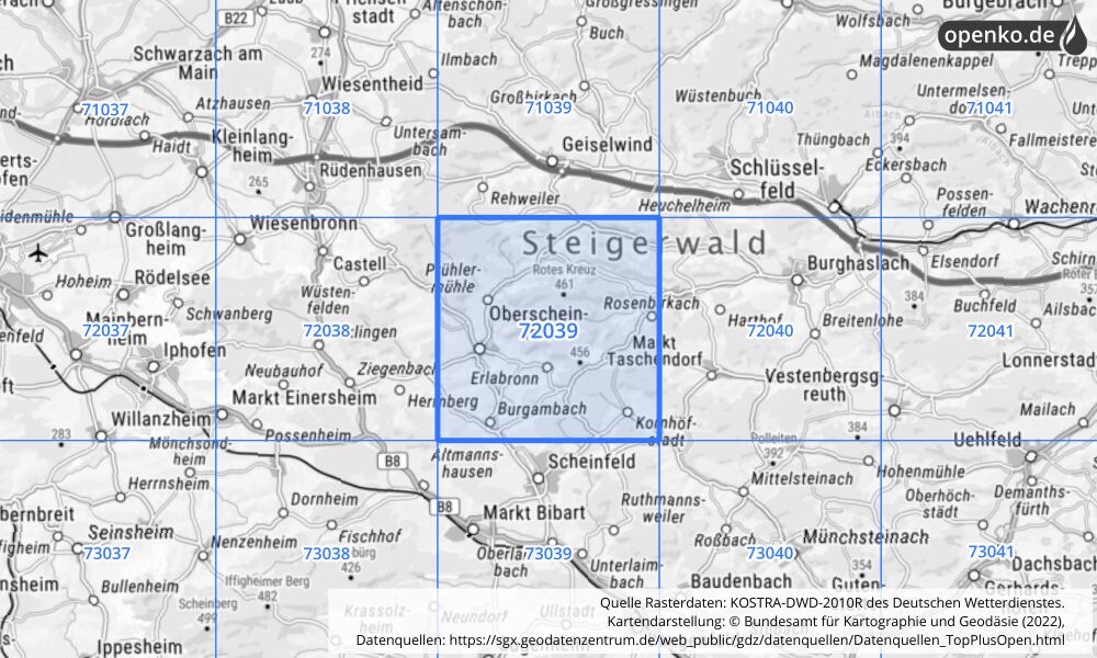 Übersichtskarte KOSTRA-DWD-2010R Rasterfeld Nr. 72039 mit angrenzenden Feldern