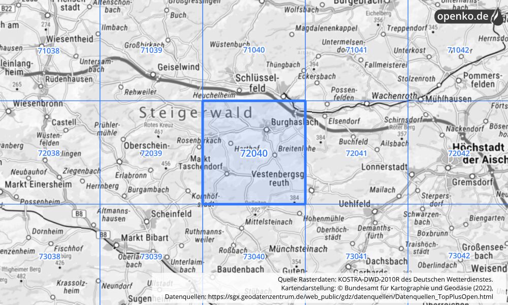 Übersichtskarte KOSTRA-DWD-2010R Rasterfeld Nr. 72040 mit angrenzenden Feldern