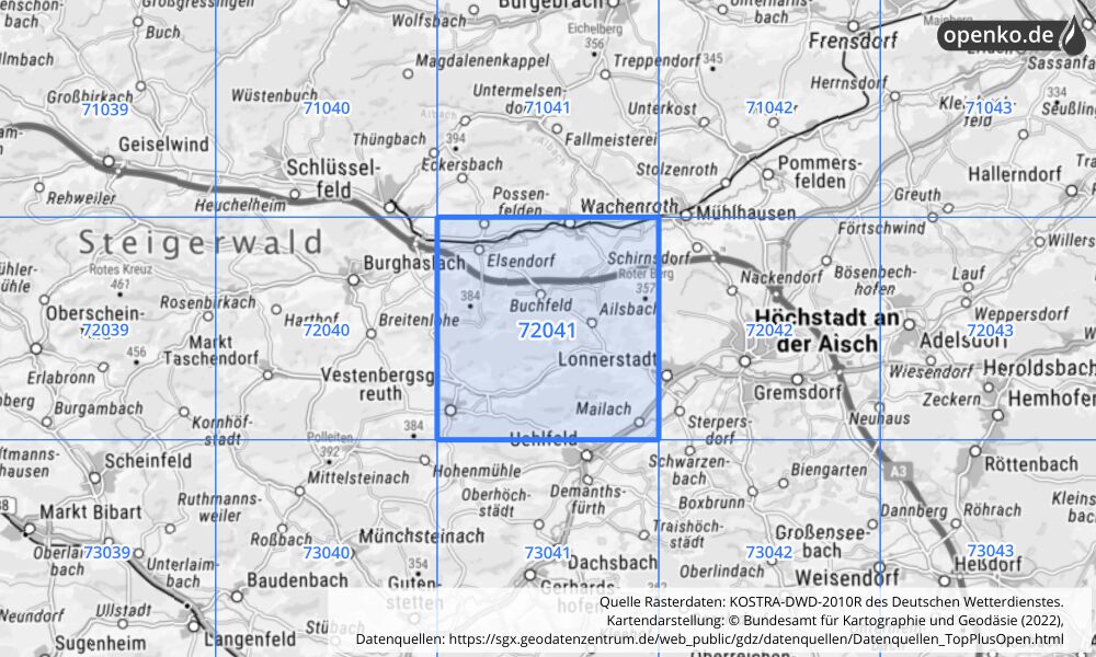 Übersichtskarte KOSTRA-DWD-2010R Rasterfeld Nr. 72041 mit angrenzenden Feldern