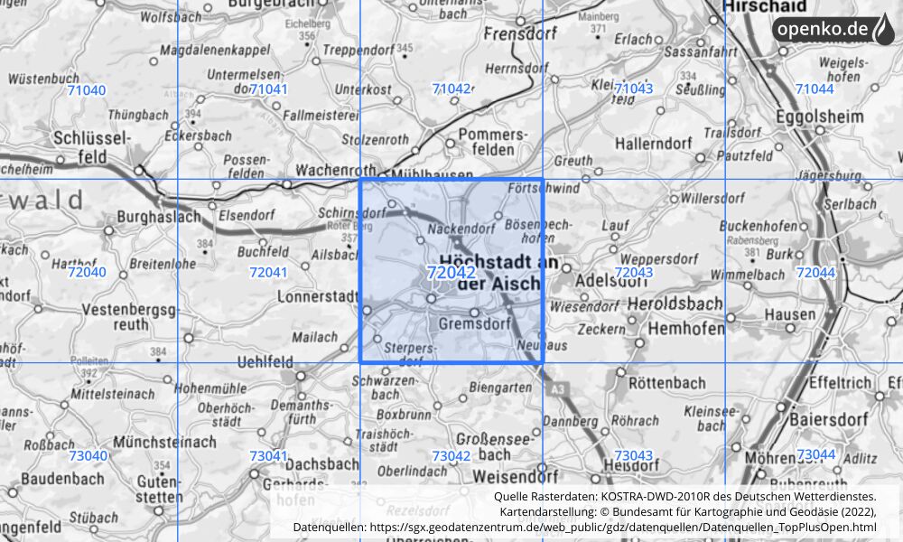 Übersichtskarte KOSTRA-DWD-2010R Rasterfeld Nr. 72042 mit angrenzenden Feldern