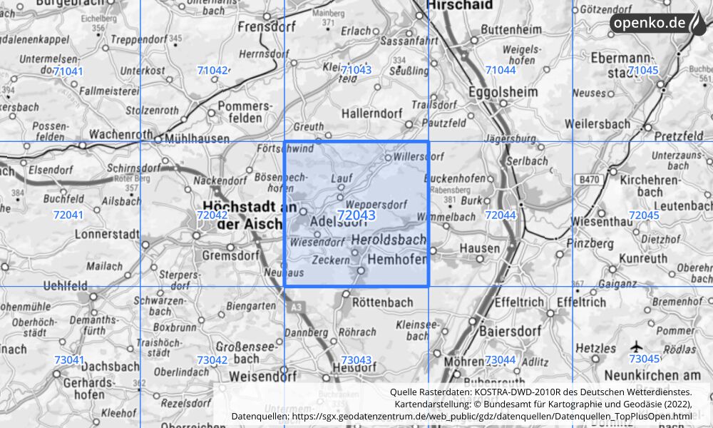 Übersichtskarte KOSTRA-DWD-2010R Rasterfeld Nr. 72043 mit angrenzenden Feldern