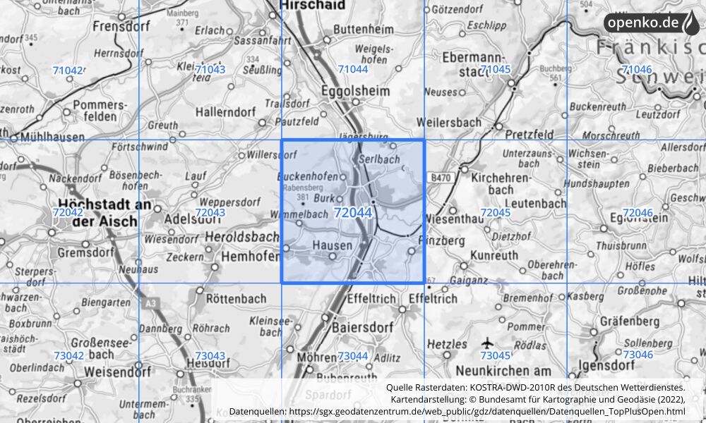 Übersichtskarte KOSTRA-DWD-2010R Rasterfeld Nr. 72044 mit angrenzenden Feldern