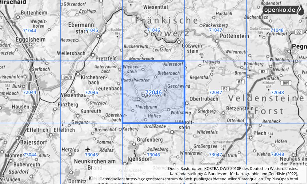 Übersichtskarte KOSTRA-DWD-2010R Rasterfeld Nr. 72046 mit angrenzenden Feldern