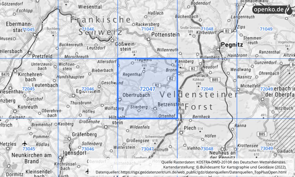 Übersichtskarte KOSTRA-DWD-2010R Rasterfeld Nr. 72047 mit angrenzenden Feldern