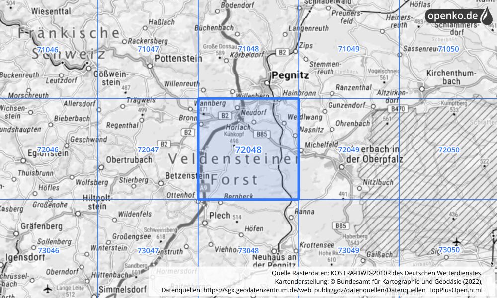 Übersichtskarte KOSTRA-DWD-2010R Rasterfeld Nr. 72048 mit angrenzenden Feldern