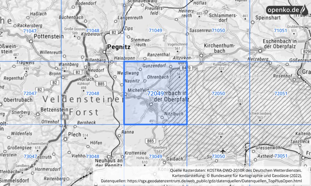 Übersichtskarte KOSTRA-DWD-2010R Rasterfeld Nr. 72049 mit angrenzenden Feldern