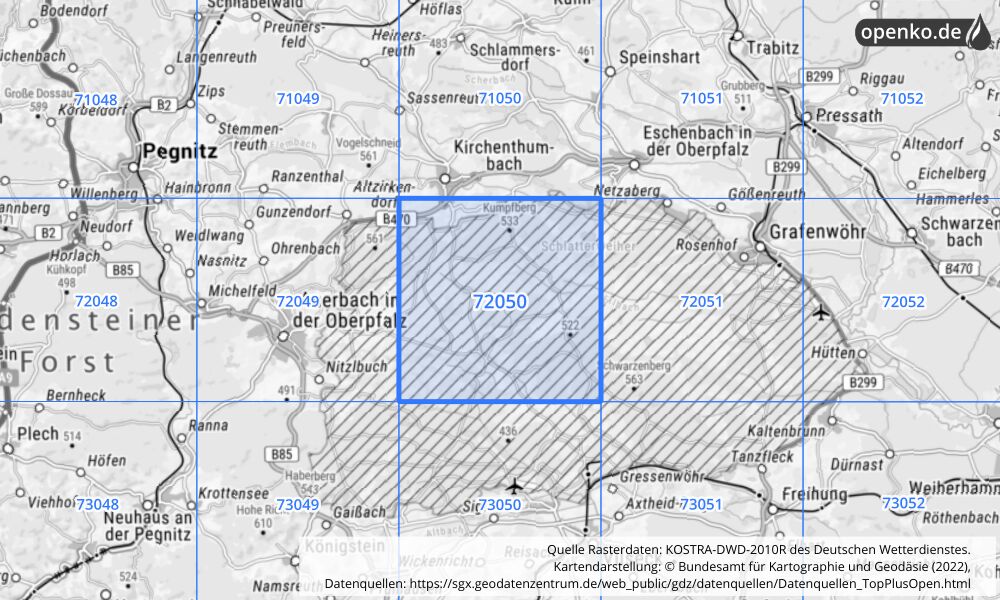 Übersichtskarte KOSTRA-DWD-2010R Rasterfeld Nr. 72050 mit angrenzenden Feldern