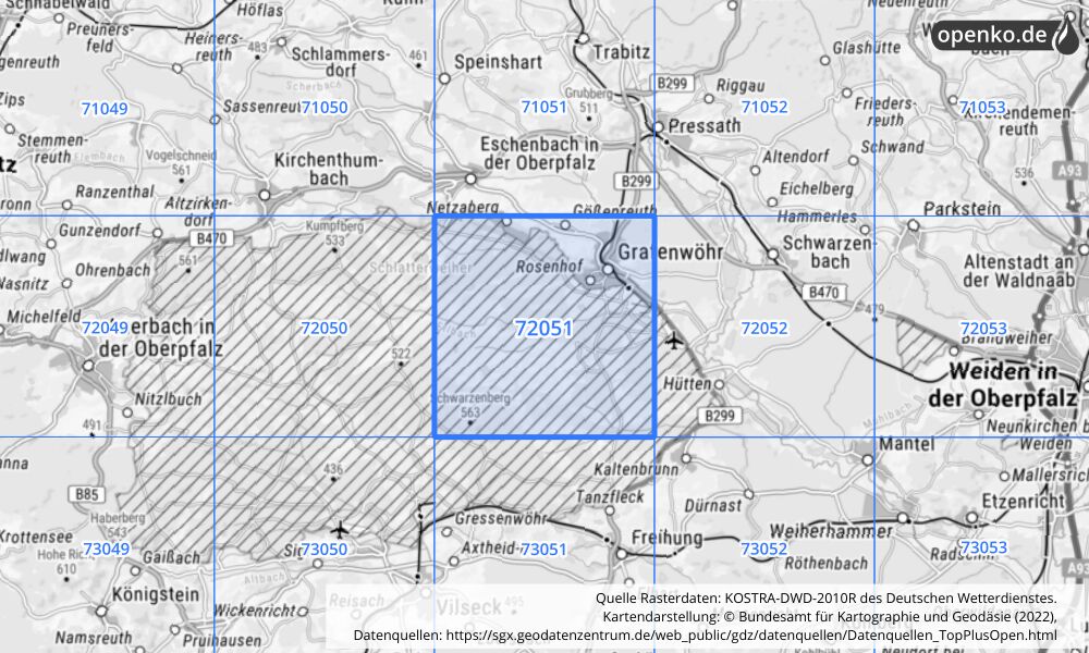 Übersichtskarte KOSTRA-DWD-2010R Rasterfeld Nr. 72051 mit angrenzenden Feldern