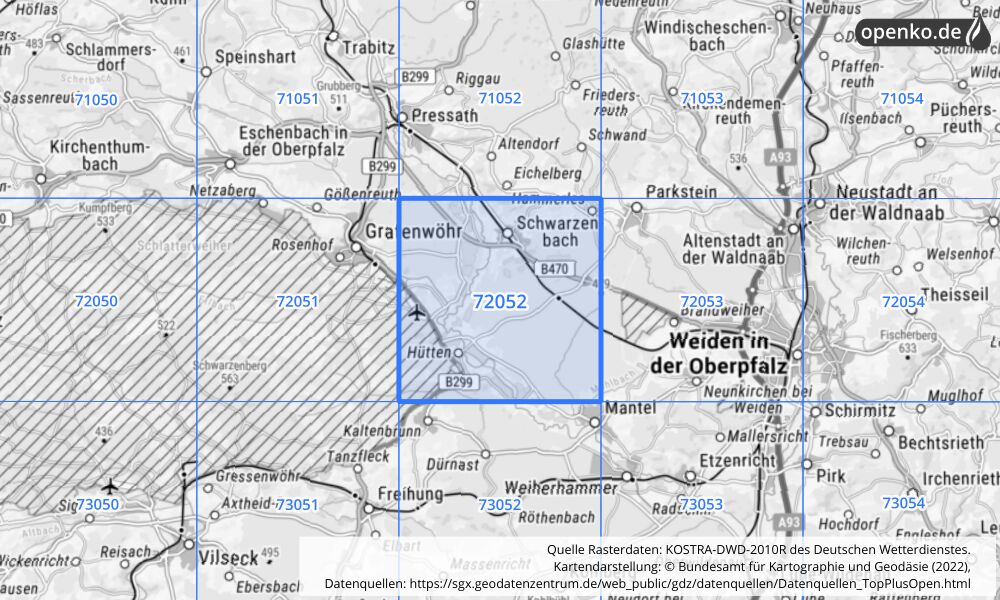 Übersichtskarte KOSTRA-DWD-2010R Rasterfeld Nr. 72052 mit angrenzenden Feldern