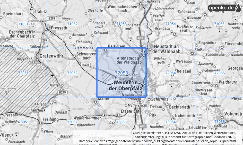 Übersichtskarte KOSTRA-DWD-2010R Rasterfeld Nr. 72053 mit angrenzenden Feldern