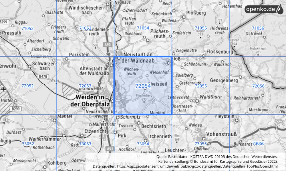 Übersichtskarte KOSTRA-DWD-2010R Rasterfeld Nr. 72054 mit angrenzenden Feldern