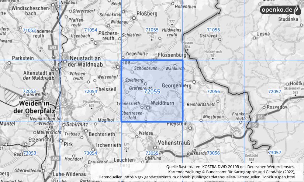 Übersichtskarte KOSTRA-DWD-2010R Rasterfeld Nr. 72055 mit angrenzenden Feldern