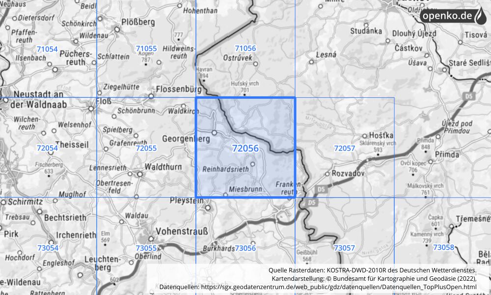 Übersichtskarte KOSTRA-DWD-2010R Rasterfeld Nr. 72056 mit angrenzenden Feldern