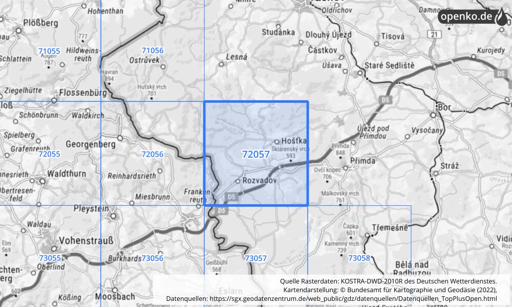 Übersichtskarte KOSTRA-DWD-2010R Rasterfeld Nr. 72057 mit angrenzenden Feldern