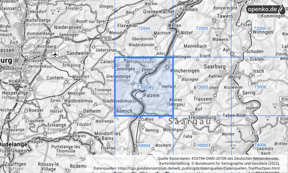 Übersichtskarte KOSTRA-DWD-2010R Rasterfeld Nr. 73004 mit angrenzenden Feldern