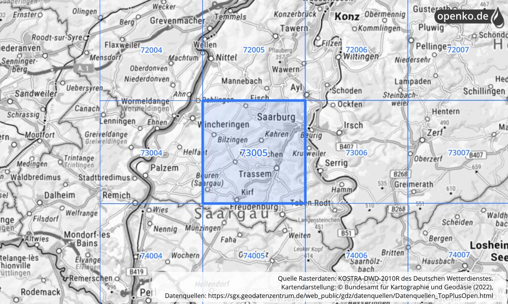 Übersichtskarte KOSTRA-DWD-2010R Rasterfeld Nr. 73005 mit angrenzenden Feldern