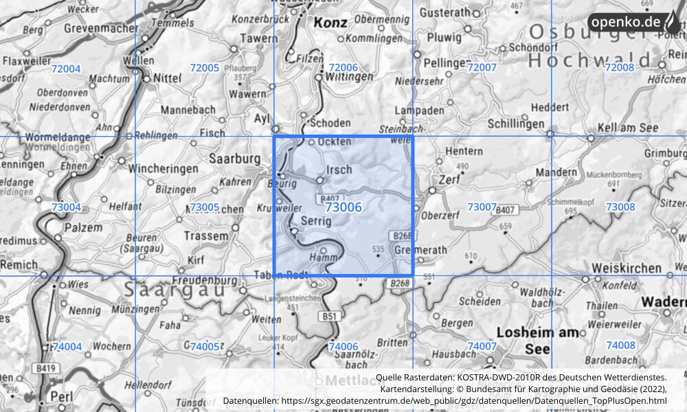 Übersichtskarte KOSTRA-DWD-2010R Rasterfeld Nr. 73006 mit angrenzenden Feldern