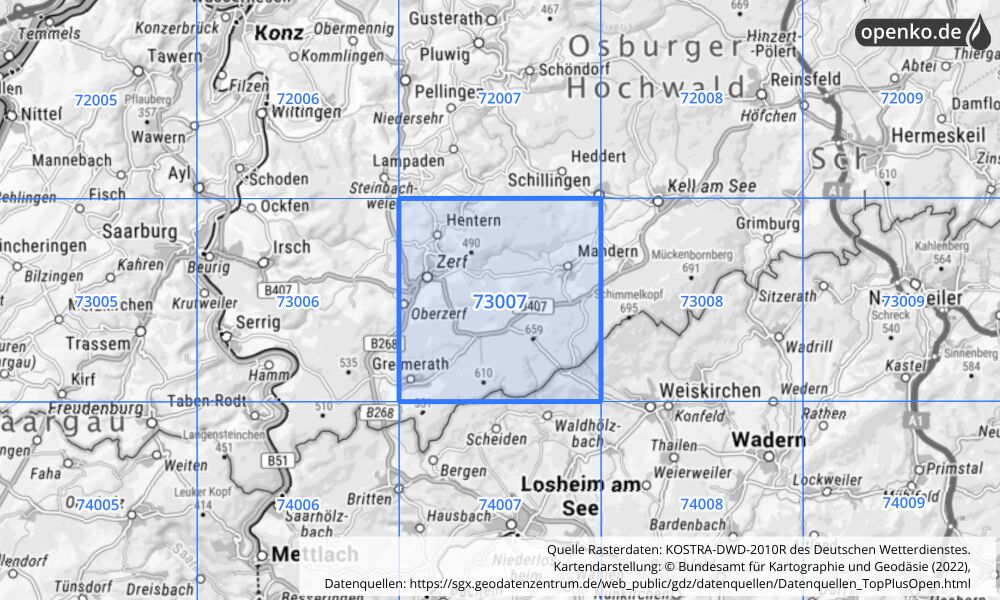 Übersichtskarte KOSTRA-DWD-2010R Rasterfeld Nr. 73007 mit angrenzenden Feldern