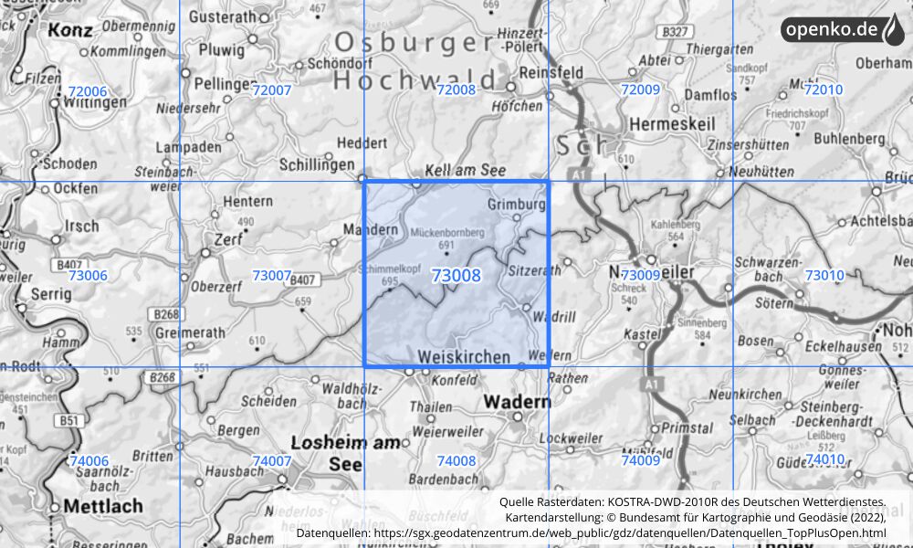 Übersichtskarte KOSTRA-DWD-2010R Rasterfeld Nr. 73008 mit angrenzenden Feldern