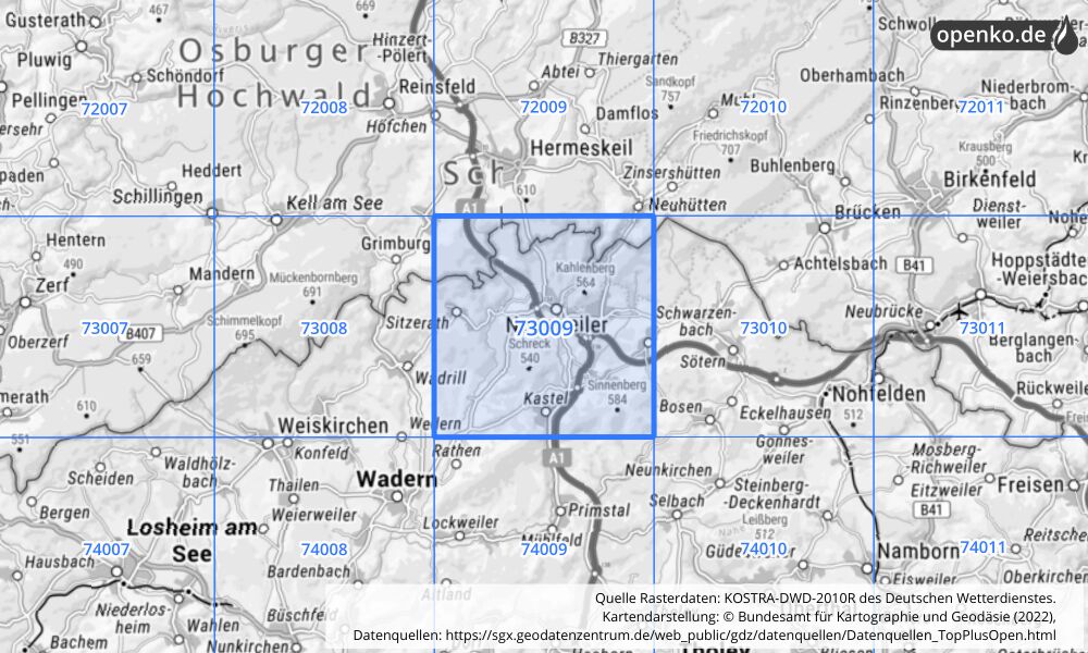 Übersichtskarte KOSTRA-DWD-2010R Rasterfeld Nr. 73009 mit angrenzenden Feldern