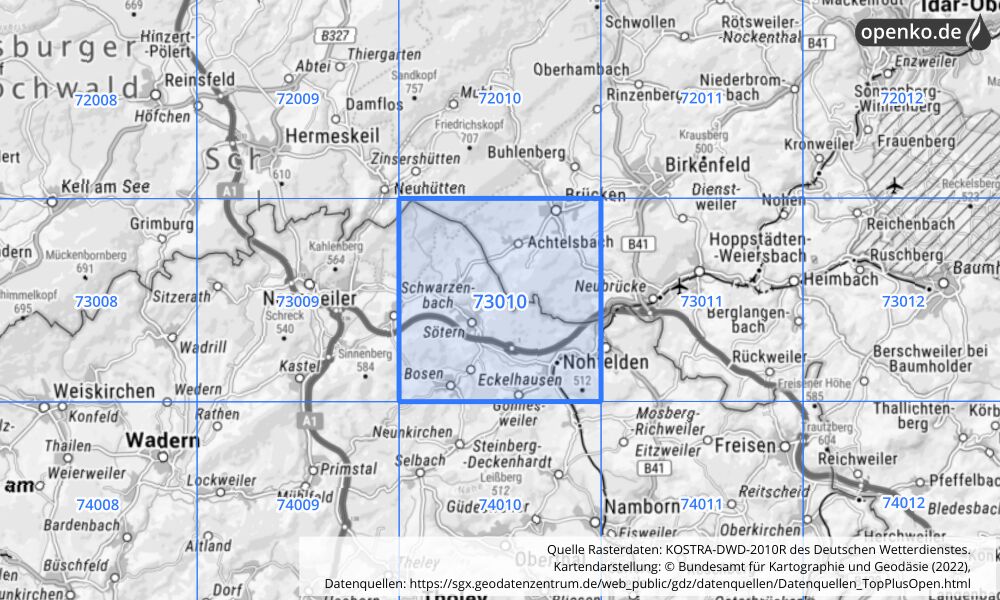 Übersichtskarte KOSTRA-DWD-2010R Rasterfeld Nr. 73010 mit angrenzenden Feldern