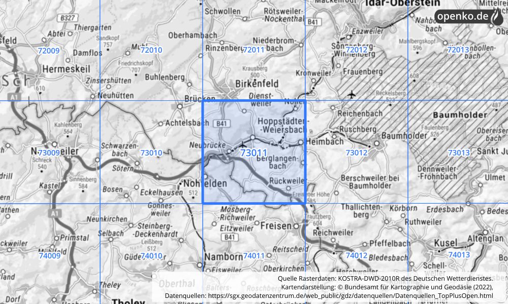 Übersichtskarte KOSTRA-DWD-2010R Rasterfeld Nr. 73011 mit angrenzenden Feldern