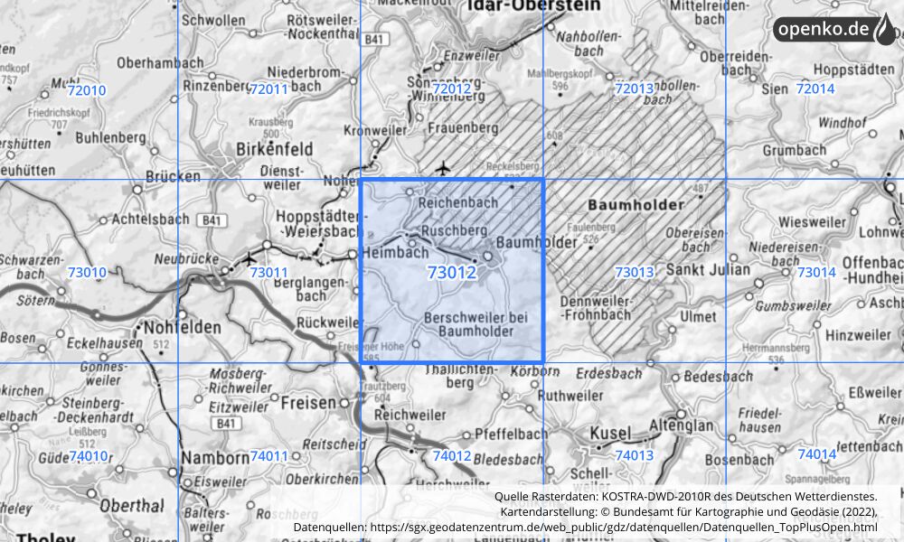 Übersichtskarte KOSTRA-DWD-2010R Rasterfeld Nr. 73012 mit angrenzenden Feldern