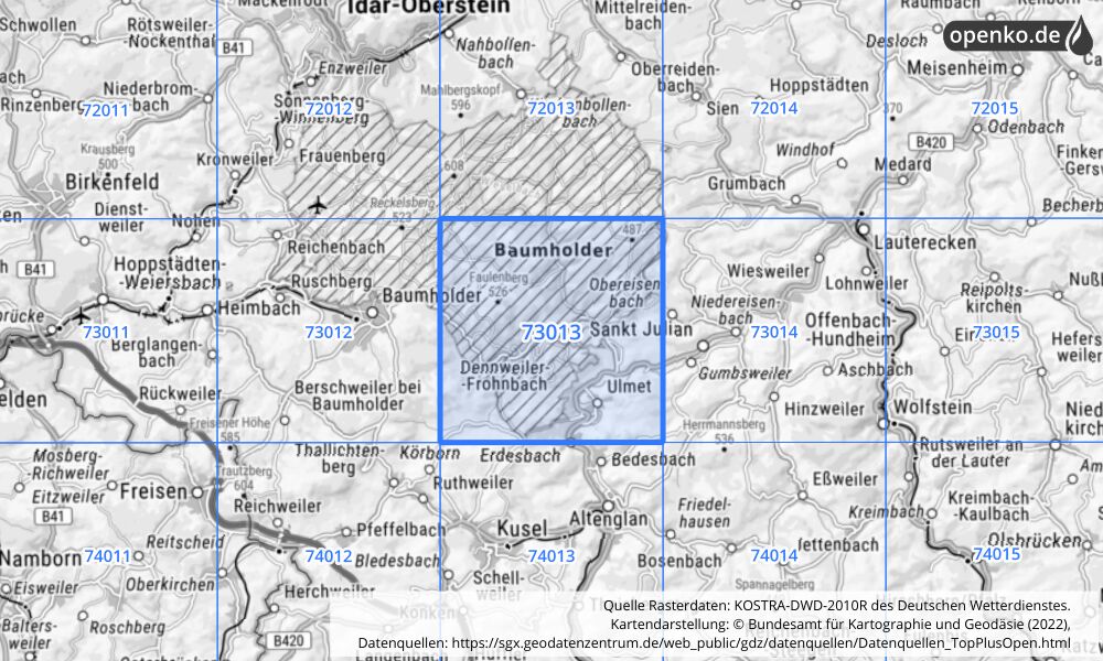 Übersichtskarte KOSTRA-DWD-2010R Rasterfeld Nr. 73013 mit angrenzenden Feldern