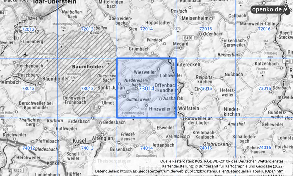 Übersichtskarte KOSTRA-DWD-2010R Rasterfeld Nr. 73014 mit angrenzenden Feldern