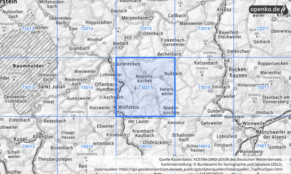 Übersichtskarte KOSTRA-DWD-2010R Rasterfeld Nr. 73015 mit angrenzenden Feldern