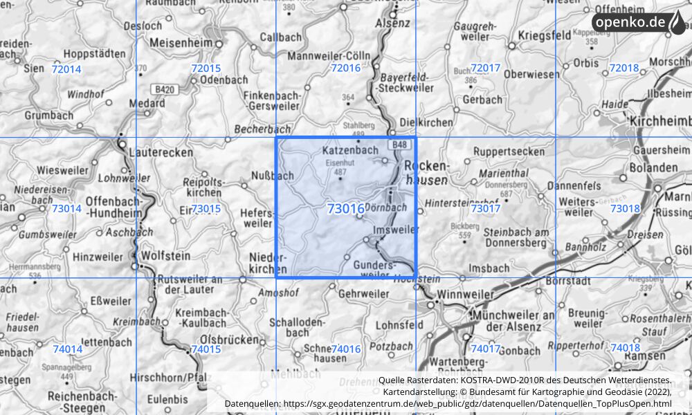 Übersichtskarte KOSTRA-DWD-2010R Rasterfeld Nr. 73016 mit angrenzenden Feldern