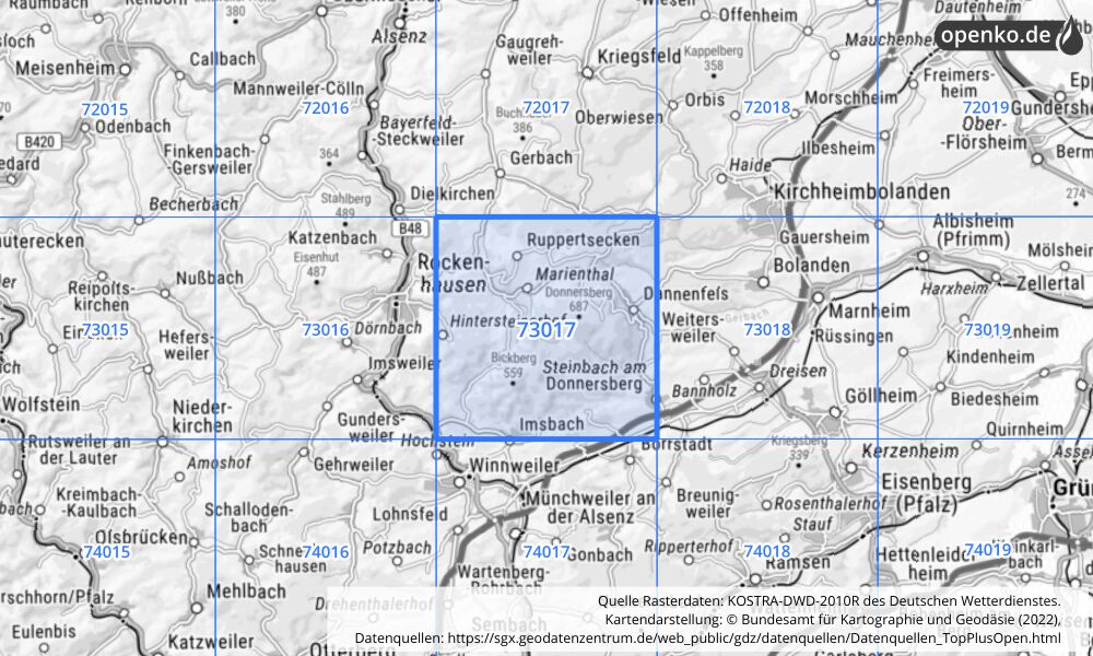 Übersichtskarte KOSTRA-DWD-2010R Rasterfeld Nr. 73017 mit angrenzenden Feldern