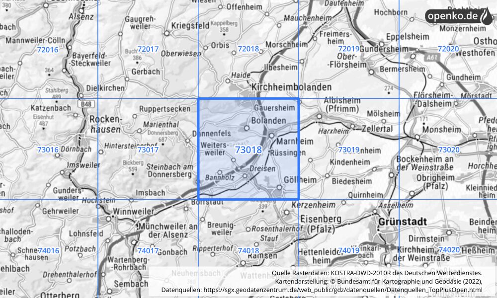 Übersichtskarte KOSTRA-DWD-2010R Rasterfeld Nr. 73018 mit angrenzenden Feldern