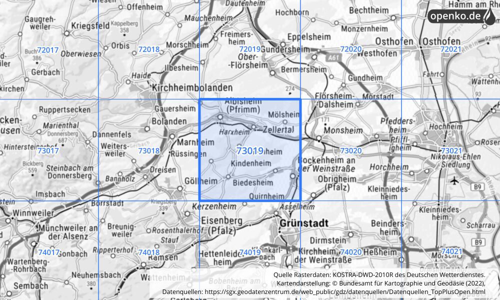 Übersichtskarte KOSTRA-DWD-2010R Rasterfeld Nr. 73019 mit angrenzenden Feldern