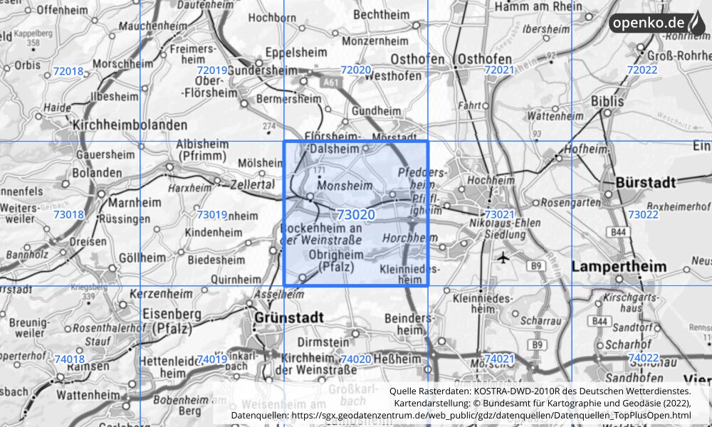 Übersichtskarte KOSTRA-DWD-2010R Rasterfeld Nr. 73020 mit angrenzenden Feldern