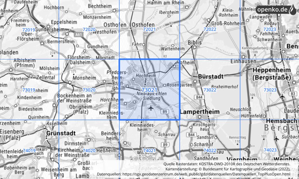 Übersichtskarte KOSTRA-DWD-2010R Rasterfeld Nr. 73021 mit angrenzenden Feldern